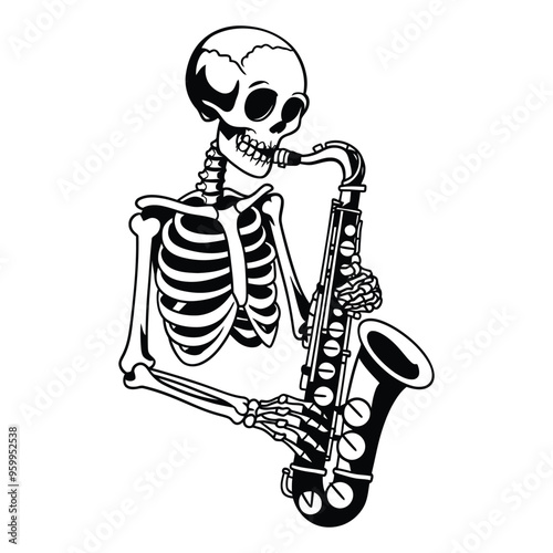 Photography Skeleton Musician Playing a Saxophone in Monochrome Style Illustration