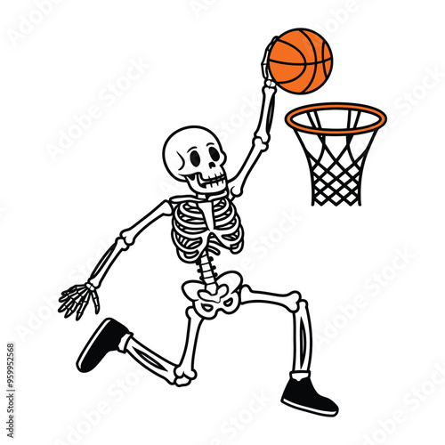 Whimsical skeleton athlete performing a basketball slam dunk