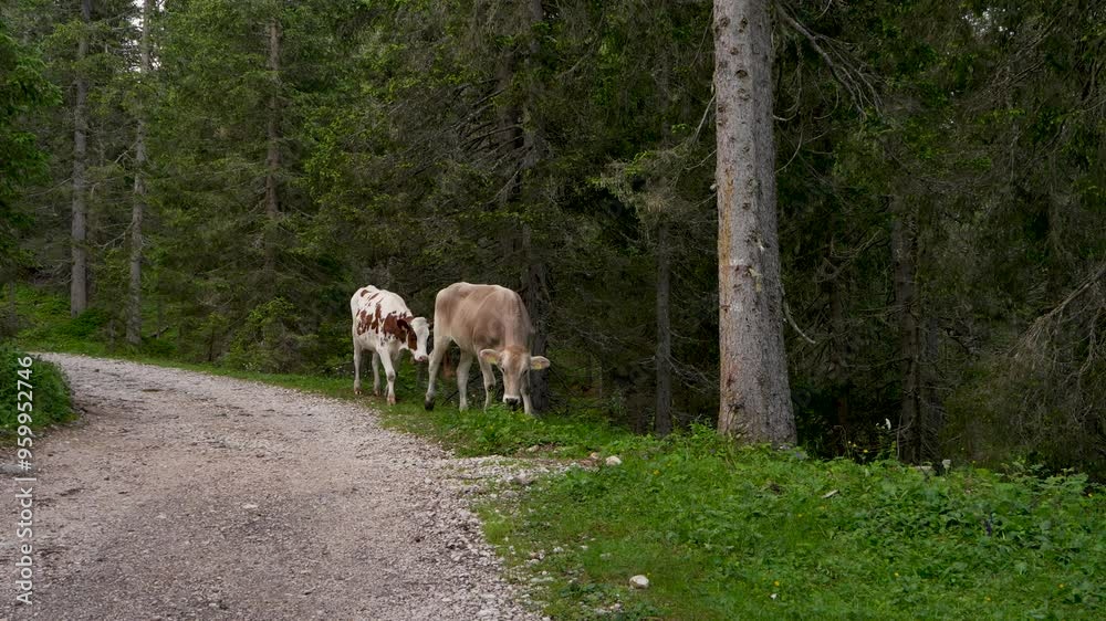 Young cows free range in the alpine forest. Rural life. Milk production concept. Dolomites. Italy Young cows free range in the alpine forest. Rural life. Milk production concept. Dolomites. Italy
