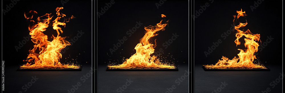 Fototapeta premium Four panels of different flame styles isolated on a black background, captured in high-resolution, demonstrating diverse fire patterns with dramatic visual impact.