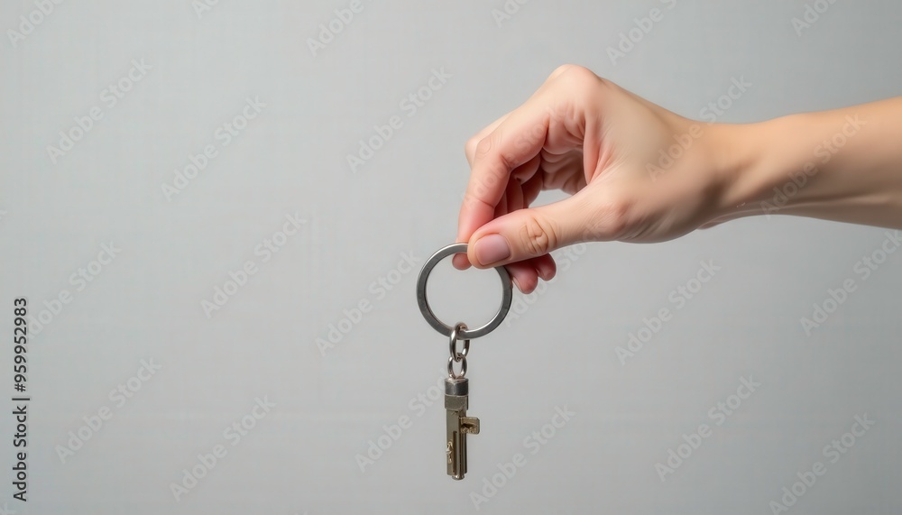Hand holding a plain metal keychain isolated on a clean gray background Hand holding a plain metal keychain isolated on a clean gray background
