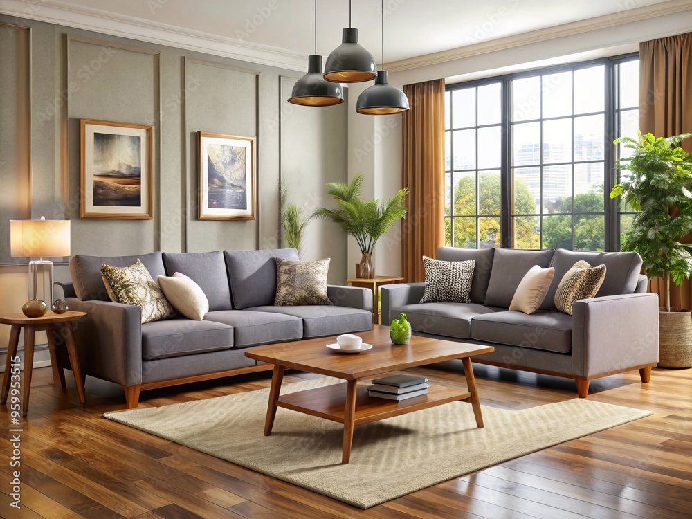 Fototapeta premium Sophisticated and inviting living room furniture sets combine style and comfort, crafting a tranquil retreat that's