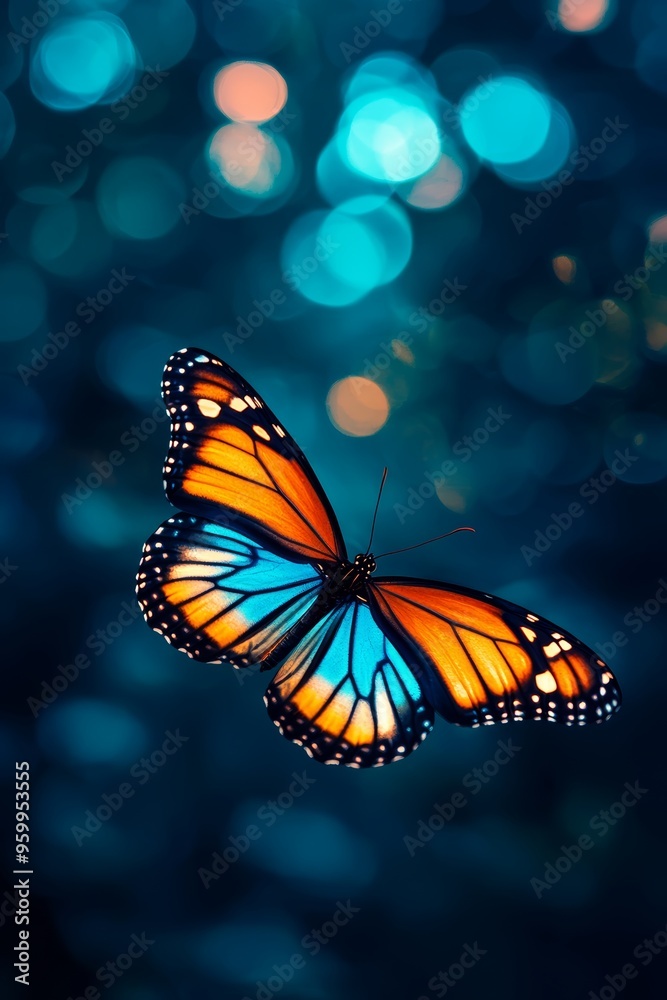 Obraz premium Elegant butterfly with vivid blue and orange gradient wings, floating gracefully, representing beauty in nature and growth