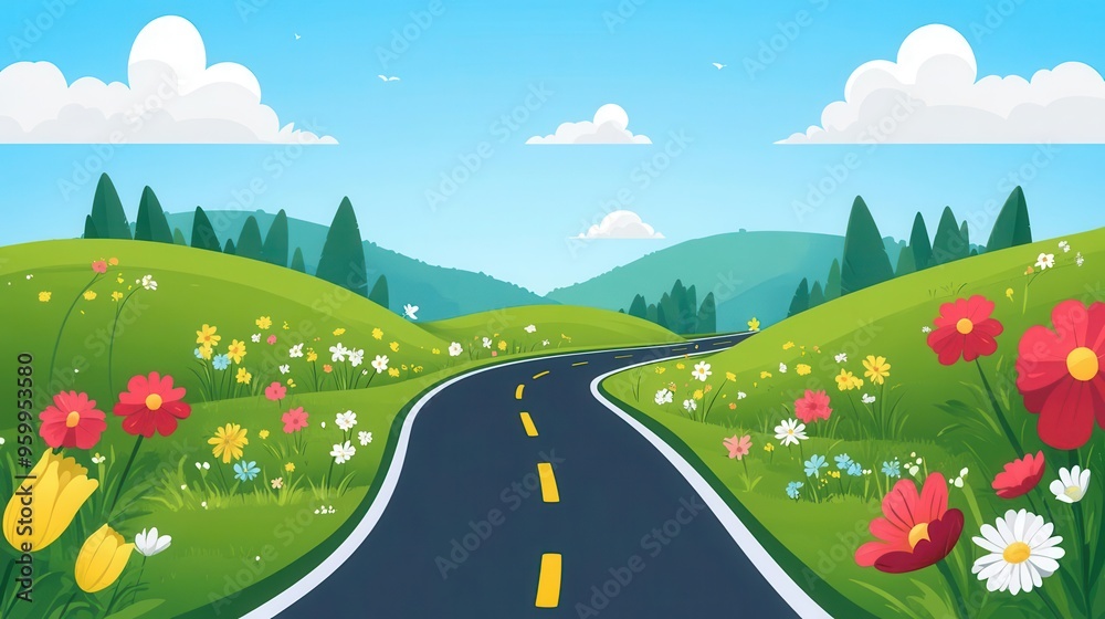 Fototapeta premium Endless road through a spring meadow, flat design, fresh greens, animated flowers