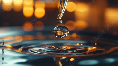 close up of a droplet coming out of a serum dropper, in the drop we see a white parsian room reflected, occlusion, moody, sunset, daylight photo