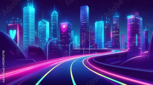 Endless winding road in a futuristic cyberpunk city, neon lights, flat design, front view