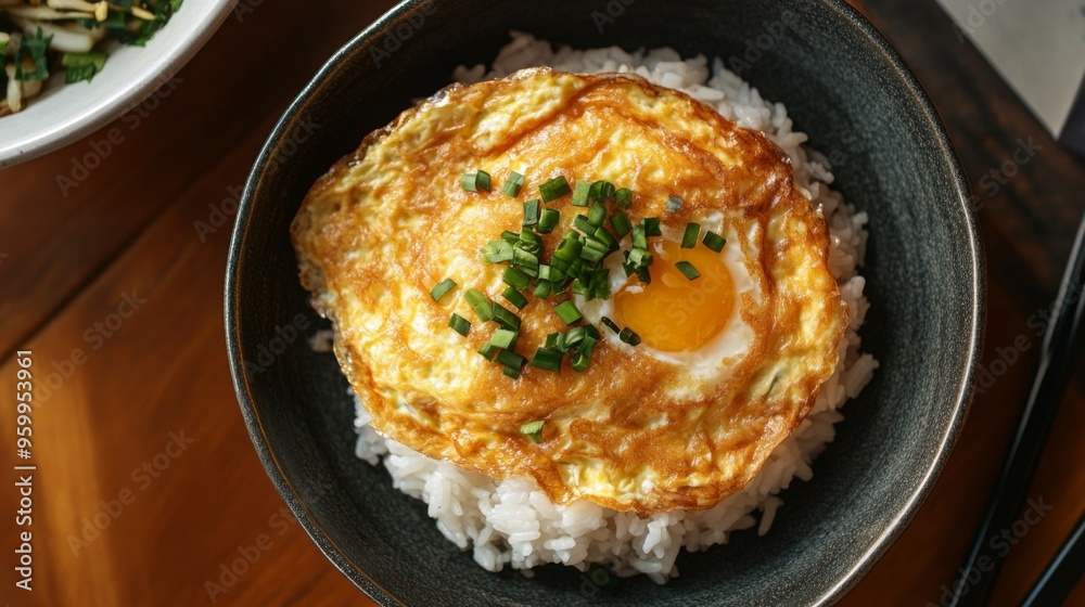 A top-down, close-up view of a classic omelette on rice, the egg crispy edges and soft interior paired with freshly cooked jasmine rice. A top-down, close-up view of a classic omelette on rice, the egg crispy edges and soft interior paired with freshly cooked jasmine rice.