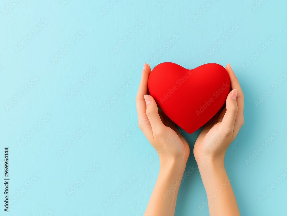 Hands gently holding a red heart, symbol of love and care, blue background, 3D illustration Hands gently holding a red heart, symbol of love and care, blue background, 3D illustration