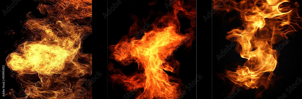 Four distinct flame patterns showcased in separate panels, isolated on a black background, presented in high-resolution photography to highlight the intensity and beauty of fire. Four distinct flame patterns showcased in separate panels, isolated on a black background, presented in high-resolution photography to highlight the intensity and beauty of fire.