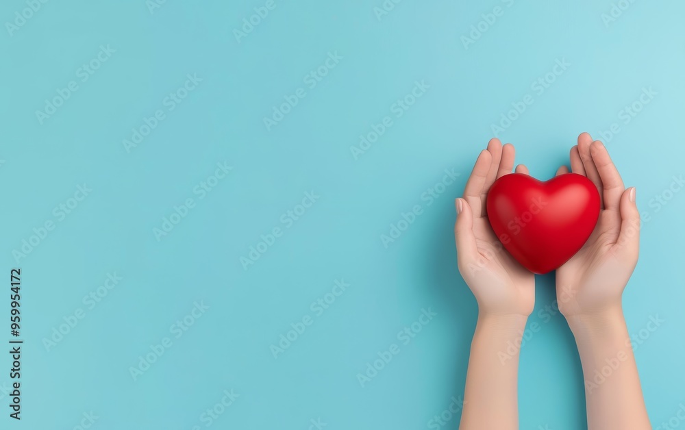 Hands offering a red heart on a blue background, representing charity and affection, 3D illustration Hands offering a red heart on a blue background, representing charity and affection, 3D illustration