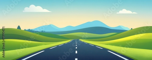 Road through a rolling landscape, endless, flat design, vibrant hues, animated hills