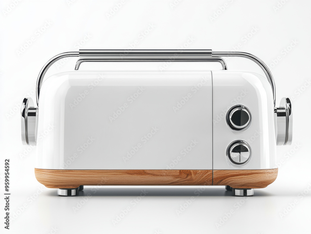 Classic White Toaster: A timeless design, this clean white toaster with a wooden base and chrome accents adds a touch of vintage charm to any kitchen. Perfect for creating a cozy breakfast nook Classic White Toaster: A timeless design, this clean white toaster with a wooden base and chrome accents adds a touch of vintage charm to any kitchen. Perfect for creating a cozy breakfast nook
