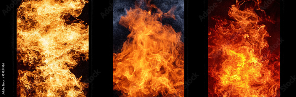 Fototapeta premium Four distinct flame patterns showcased in separate panels, isolated on a black background, presented in high-resolution photography to highlight the intensity and beauty of fire.