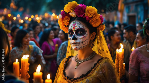 Mujer con maquillaje de Catrina y corona de flores en una procesión nocturna del Día de Muertos photo