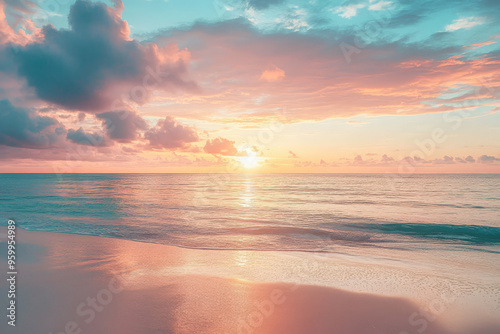Wallpaper Mural A stunning sunrise over a calm ocean with a sandy beach in the foreground, showcasing a vibrant blend of pink, orange, and blue hues. Torontodigital.ca