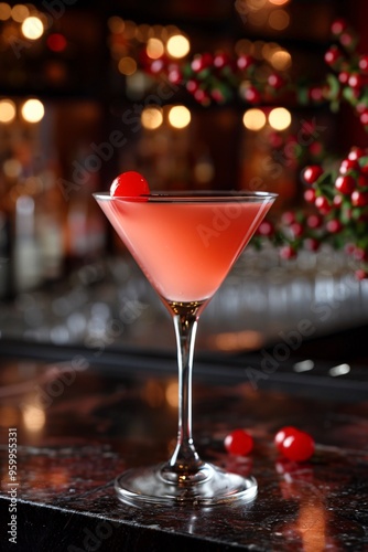 Cosmopolitan Cocktail in Coupe Glass with Maraschino Cherry Garnish, Pink Liquid on Dark photo