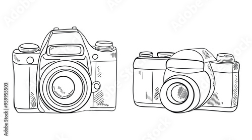 Graphic illustration of a retro camera. A camera for photographers and travelers with a retro lens. Cameras with an object to print are highlighted on a white background.