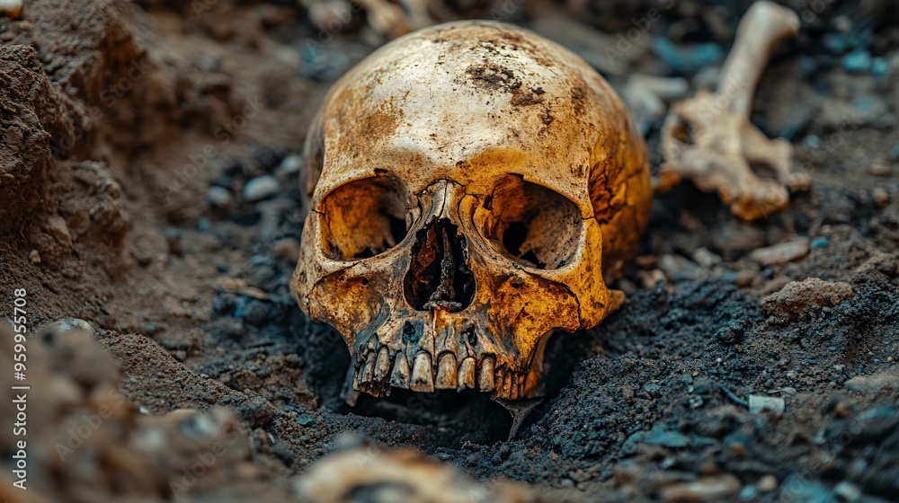 Human skull partially buried in the ground at an archaeological excavation site, signs of decay, ancient remains
Human skull partially buried in the ground at an archaeological excavation site, signs of decay, ancient remains