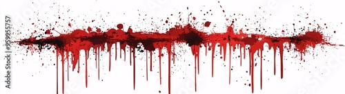 Red blood splatter with dripping effects, abstract pattern on a white background, horror or crime scene concept

