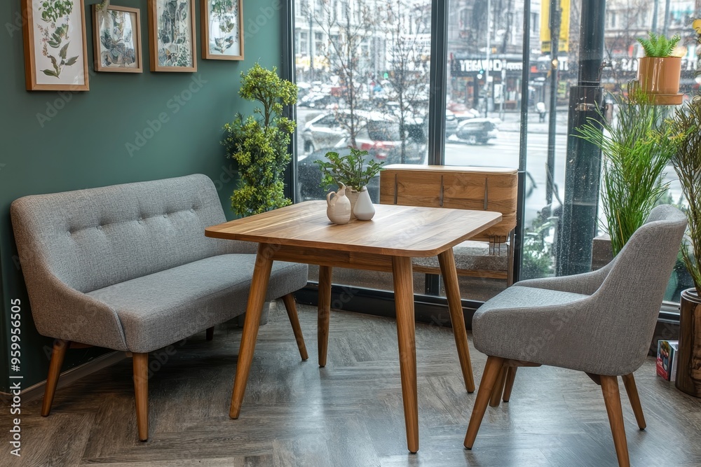 Fototapeta premium Scandinavian Style Corner Nook With Table, Bench And Chair In Modern Coffee Shop Interior By Window.