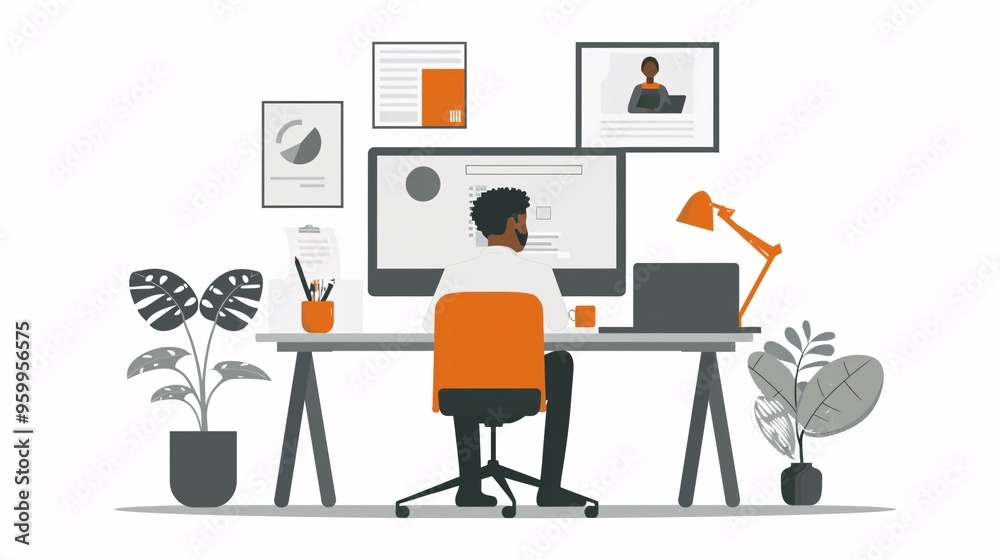 Man Working at Computer Desk with Plants and Lamp Man Working at Computer Desk with Plants and Lamp