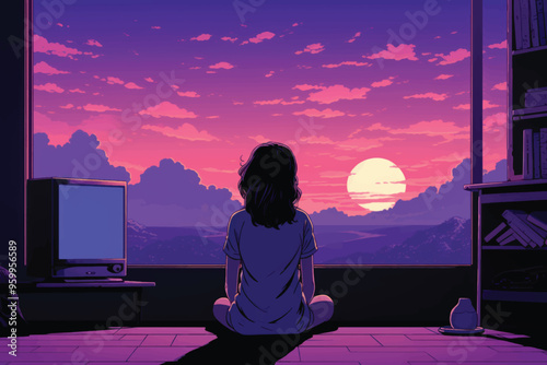Contemplative sunset anime art