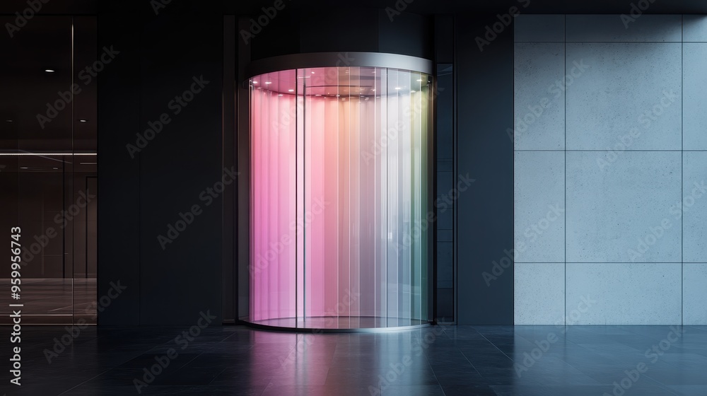 The revolving door of a sleek, modern building glows with rainbow ...