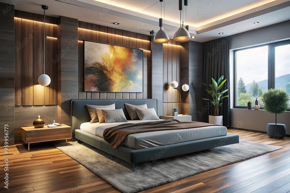 Sophisticated modern bedroom where sleek lines meet futuristic charm, featuring a low-profile bed with built-in LED Sophisticated modern bedroom where sleek lines meet futuristic charm, featuring a low-profile bed with built-in LED