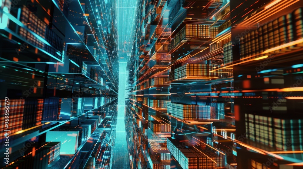 Abstract Digital Cityscape: Neon Lights and Geometric Structures Abstract Digital Cityscape: Neon Lights and Geometric Structures