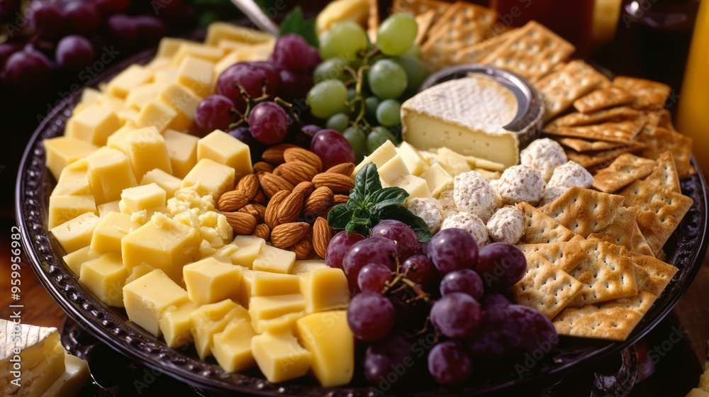 Cheese & Crackers Platter: A Gourmet Snack with Grapes & Nuts Cheese & Crackers Platter: A Gourmet Snack with Grapes & Nuts