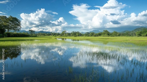 A tranquil rice field with a reflection of the sky and clouds on the water, creating a mirror-like effect in the calm, flooded area