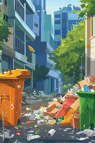 Garbage Heaps Around Overflowing Trash Cans in City, Smelly Piles of Organic Waste, Poor Disposal Management