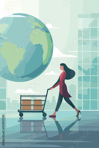 Global Business Relocation Concept with Businesswoman Pushing Office Cart, Symbolizing Workplace Mobility