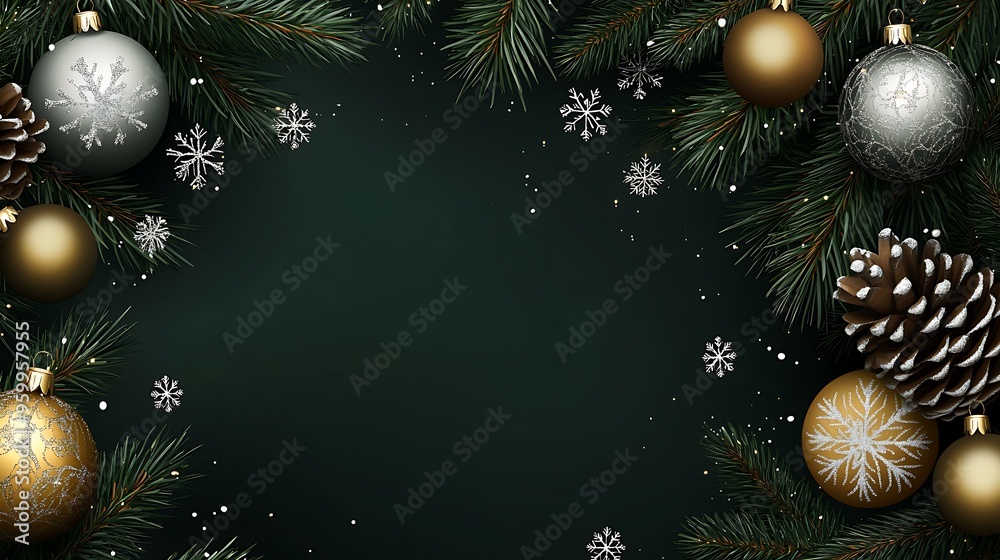 Christmas and Happy New Year greeting card design with pine tree branches, Christmas ornaments, snowflake decorations on a dark background Christmas and Happy New Year greeting card design with pine tree branches, Christmas ornaments, snowflake decorations on a dark background