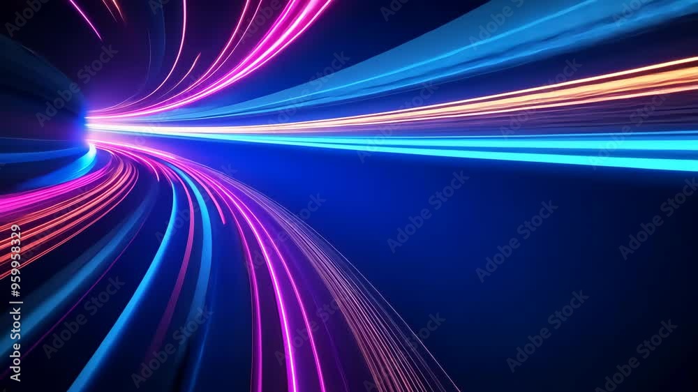 Neon light trails in futuristic tunnel, abstract speed concept