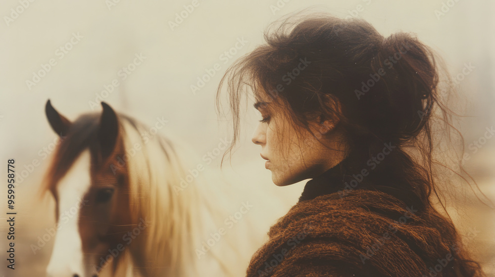 This image features a person with messy hair gazing at a brown horse, conveying a serene and intimate moment between the human and the animal in a tranquil setting. This image features a person with messy hair gazing at a brown horse, conveying a serene and intimate moment between the human and the animal in a tranquil setting.