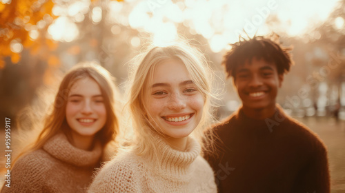 This image captures a group of three friends in cozy sweaters enjoying the warm autumn sunshine with a backdrop of beautiful fall foliage, evoking a sense of warmth and friendship. photo