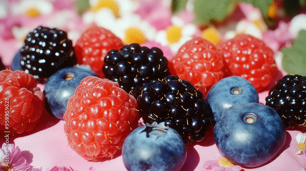 A vivid close-up of freshly picked assorted berries - blackberries, raspberries, and blueberries - on a colorful pink and floral background, showcasing the vibrancy of summer's bounty.