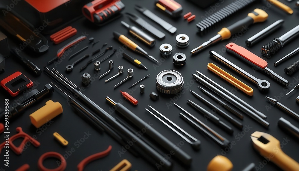 Designer tools, digital and physical tools arranged, 3D illustration Designer tools, digital and physical tools arranged, 3D illustration