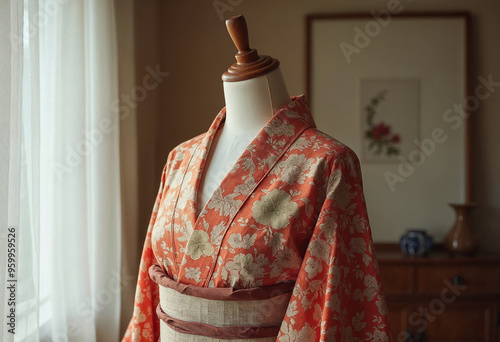 Close-up of a traditional Japanese kimono on a wooden mannequin photo