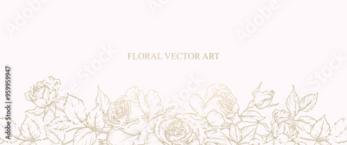 Luxury background with vintage rose bouquet pattern. Hand drawn botanical elegant flower in line art style with texture. Vector illustration for card, wedding invitation, wallpaper, cover, banner