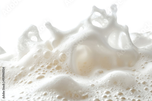 This image captures a close-up view of foamy white liquid with floating bubbles, showcasing a dynamic and textured surface that evokes a sense of freshness and purity. photo