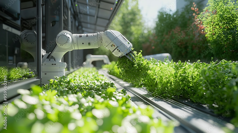 A robotic arm expertly harvests leafy greens in a high-tech hydroponic farm. A robotic arm expertly harvests leafy greens in a high-tech hydroponic farm.