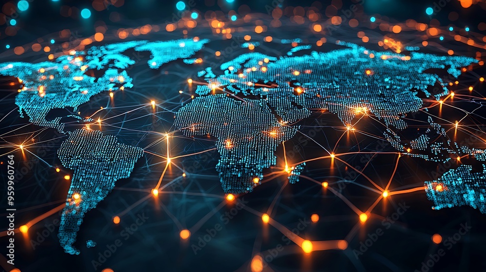 A digital world map with glowing lines and data streams, depicting a global cyber space of network connections. A digital world map with glowing lines and data streams, depicting a global cyber space of network connections.