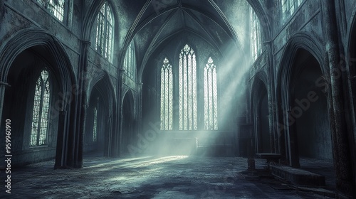 sunlight shining through a cathedral window into a stone floor