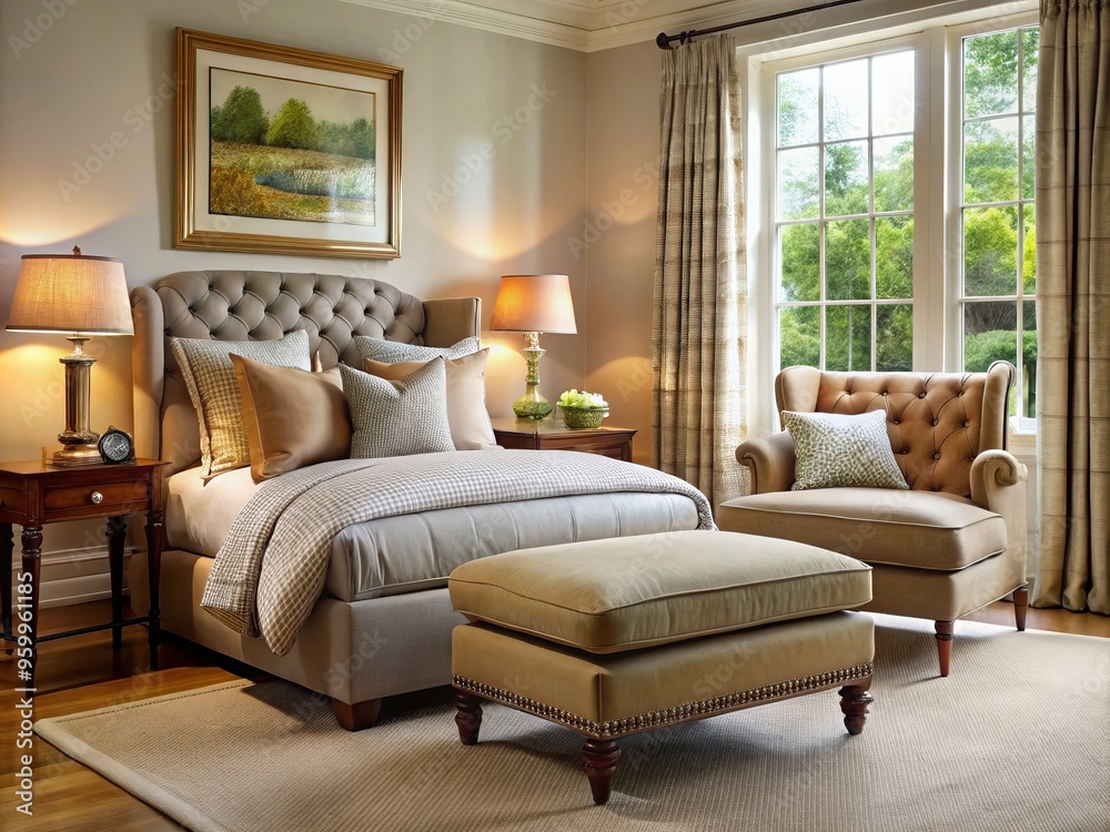 The Cozy bedroom exudes warmth and tranquility, featuring a plush Pembroke-style armchair and matching ottoman The Cozy bedroom exudes warmth and tranquility, featuring a plush Pembroke-style armchair and matching ottoman