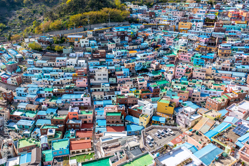 Gamcheon-dong, Saha-gu, Busan, South Korea - April 9, 2021: Aerial view of blue houses and alleys on the hill at Gamcheon Culture Village