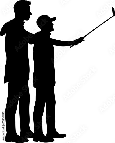 Vektor Körper Silhouette - Vater und Sohn - Selfie mit dem Selfiestick - Gemeinsame Zeit