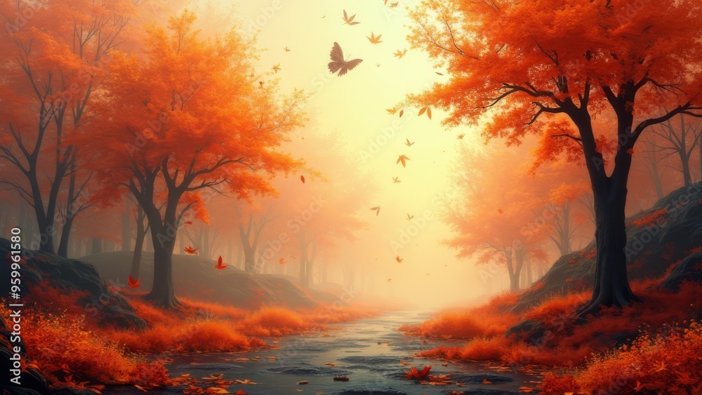 a painting of a river surrounded by trees and grass with a sunset in the background and birds flying over the water, Generative AI, Cinematic a painting of a river surrounded by trees and grass with a sunset in the background and birds flying over the water, Generative AI, Cinematic