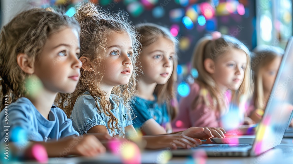 Fototapeta premium Curious young children engaged in online learning, attentively using laptops in a vibrant classroom.